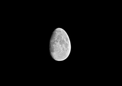 Luna grigia, simile a uovo, su campo nero